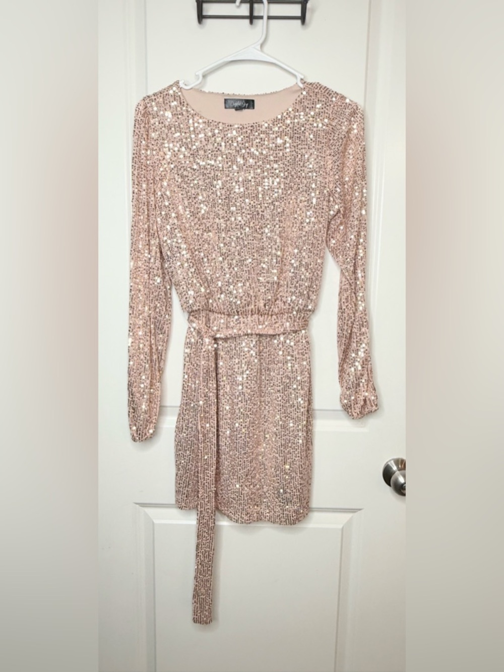 Crystal Sky Rose Gold Sequin Dress Womens Small Long Sleeve Belted Party